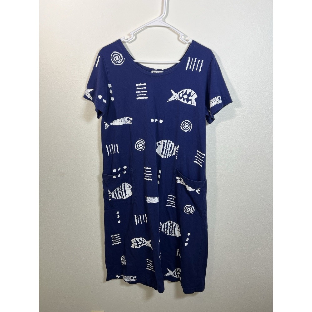 M. MAC Blue Fish Graphic Print Scoop Neck Midi Dress L Pockets Resort Beach